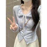 Korean Sweet Blue Lace With Long-Sleeved T-Shirts In Autumn Fake Two Chic Beautiful Thin Tops