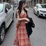 Summer Women's Fried Street Dress 2025 New Red White Temperament Lattice Splicing Lace-Side Sling Skirt