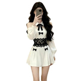 Sexy Famous Tidaught Lace Splicing Colliding With Color Bows Long-Sleeved Dress Women Spring And Autumn Waist A Word Super Short Skirt