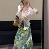 Vintage Atmosphere Kinesfing V-Neck Shirt High-Waisted Skirt Suit Women's Summer Fashion Casual Two-Piece