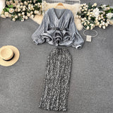 Yu Sister High-End Oceanic Suit Female Fashion Famous Woman To Collect Waist Lotus Leaves Side Folding Top + High-Waisted Lewd Lewd Half-Dress
