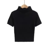 Sweet Sister Atmosphere High Collar Bottom Knitted Shirt Women With Short Sleeves Tight Short Coat Short Waist
