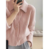 KANING Simple Little POLO Collar Knitted Cardigan 2026 Autumn New Korean Version Of The Simple Color Top
