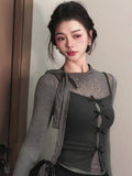 Pure Lust Gray Half-High Collar Bow Lace Lace Women's Clothing Early Autumn Folded Two Sets Of Bottom Tops