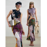 Street Wind Before And After Two Bumpy Color Printed Cheongsam Dress High-End Temperament Female Summer Bagged Hip Dress