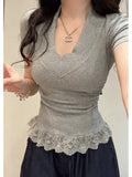 Little Sexy Hottie V Collar Pure Lust Lace Splicing Short-Sleeved T-Shirt Girl Summer Slimming Design Blouse