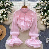 Drilled Lotus Loaf Collar Long-Sleeved Shirt Women Autumn Waist Temperament Chiffon Shirt Design Feel Beautiful Gold Feeling Top