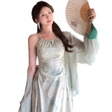 2025 Long Green Sling Skirt Summer New Waist Temperament Hanging Neck New Chinese Dress Two Sets