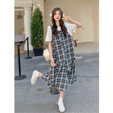 Fake Two Lattice With A Dress Woman Summer Giant Good-Looking College Wind Leisure Relaxed Age-Covered Thin Skirt