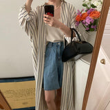 Korean Autumn Languid Wind Simple Collar Bump Color Stripes Design Loose Leisure Long-Sleeved Shirt Dress