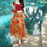 Vintage Bright Atmosphere Red T-Shirt Top + Oil Painting Large Flower Skirt Dress 2026 Summer