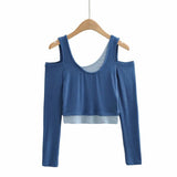 New Fashion Open Shoulder Elastic Slimming Short-Sleeved T-Shirt Two Stacks Of Bumpy Bottom Shirt
