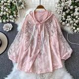 Light Luxury High-End Heavy-Working Sequin Nail Lantern Sleeve Shirt Coat Casual Sunscreen Loose Thin Hooded Shirt