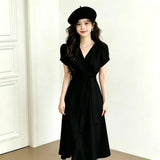 Korean Chic Summer Temperament Elegant Cross V Tie Tie Brings Waist Skinny Bubble Sleeve Medium Long Dress Woman