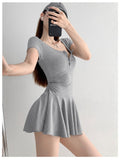 Pure Lusty Age-Dexive Gray U Collar Button Short Sleeve Dress Women Summer Waist Sports Atmosphere A Short Skirt Women