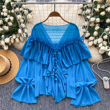 Fairy Top 2025 Summer Languid Temperament Famous Lotus Leaf Side Splicing Horn Sleeve Chiffon Shirt Loose Shirt