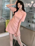Sweet Slimmed Short-Sleeved Polo Collar Button Fashion Short-Sleeved Dress Women Spring And Summer New Waists Thin Skirt Women