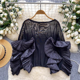 Light Luxury Famous Lady Shirt Women Summer Lotus Edge Thin Mesh Loose Royal Sister Temperament High-End Feel Blouse Tide