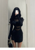 French Chic Mesh Splicing Pure Style Dress Women's Autumn And Winter New Sexy Waist Thin Ass Short Skirt