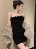 Ins Pure Desire To The Royal Sister Style A Word Hairy Collar Tecticula Body-Bred-Bite-Bred Hottie Sexy-Bair Skirt Dress Girl