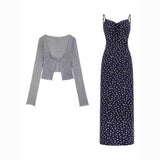 Korean Version Of The Early Autumn Sling Can Be Adjusted Pure Flowers Knitted Dress Women's Summer Thin Sling Skirt Two Sets
