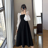 Long-Sleeved Black Fried Street Hao Benfeng Dress Woman's New Spring And Autumn Splicing Square Lead French Dress Retro A Skirt