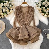 Vintage Style Niche Sexy Lace Long-Sleeved Dress Women Summer Waists Thin Ponhosle Side Short Skirt