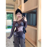 Fashion Design Feels The Shoulder Long-Sleeved T-Shirt Girl Summer New Slimming Inside The Folding Mesh Yarn Top