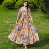 Summer Printing Bubble Sleeve V Tie With Dress Femininity Slim Mother Dress Beach Dress