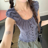 Korean Vintage Square Collar Bubble Sleeve Shirt Women's Summer Design Sense Unique Special Short Small Shirt Top