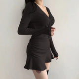 Sexy Little Black Dress Girl Spring And Autumn Skirt Taut Hottie Dress Pure Lust Style V Collar Wrinkles Thin Dress