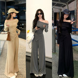 Korean Version Of Early Spring A Set Of Small Slant Shoulders To Reduce The Age Of Long Sleeve Blouse Casual Broad Legs Leisure Trousers Two Sets