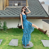 Chiffon + Invisible Zipper Holiday Wind And Flowers Hanging Dress Women's Summer Design Irregular Dress Waist