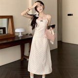 2026 New Korean Wave Point Sling Bow Tie Dress Female Gentle Temperament Small Long Dress