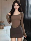 Human Cotton Autumn Sexy Pure Lust U Collar Long-Sleeved T-Shirt Irregular Short Top Girl Slime Bottom Shirt
