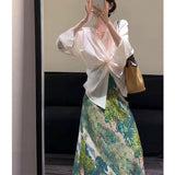 Vintage Atmosphere Kinesfing V-Neck Shirt High-Waisted Skirt Suit Women's Summer Fashion Casual Two-Piece