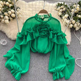 Design Sense Of Irregular Lotus Leaf Side Mesh Shirt Women Spring Autumn Folded Small Group To Repair Chic Top Tide