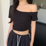 Sexy Hottie Shoulder Slim Short-Sleeved T-Shirt Girl Summer New Fashion Pure Want To Show Thin Umbilly Bottom Tops Women T