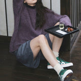 KANING Purple Round Collar Collar Sweater Women 2026 Autumn And Winter New Retro Lazy Wind Loose Solid Knitwear