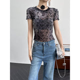 Net Yarn Sexy Hottie Round Collar Shoulder Short-Sleeved T-Shirt Girl Summer New Slim Slim Short-On-Wear Tide