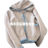KANING Soft Blue Hooded Knitted Cardigan Women 2026 Autumn New Zip Casual Soft Blouse