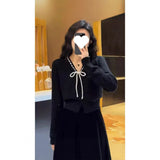 KANING Small Fragrant Wind Bow Gray Knitted Cardigan 2026 Autumn New Wear Wearing A Short Sweater Top Woman
