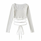 Roal Tie With Jersey Long-Sleeved Women's Clothing 2025 New Solid Color Round Collar T-Shirt Girl