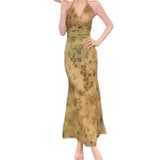 2025 New Retro New Chinese Style V-Neck Hanging Neck Dress Women's Summer Folds To The Waist Of The Hip Dress