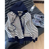 KANING Simple Color Buckle Hooded Striped Knitted Cardigan 2026 Autumn New Loose Thin Sweater Jacket
