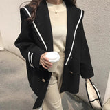 South Korea Autumn And Winter French Retro Age Reduction Navy Collar Double Buckle Loose Leisure Imitation Cashmere Wool Coat Woman
