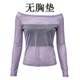 Spice Girls Sexy Micro-Permeable Mesh A Word Shoulder Long-Sleeved T-Shirt Girl Early Spring Shoulder Repair Slim Short Dress