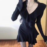Spring And Autumn New Small Black Dress Lotus Leaf Edge V Collar Horn Sleeve Hottie Dress Pure Temperament