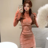 Korean Version Of The Fashion Half-High Collar Gold Velvet Dress Women Autumn Pure Desire Hot Girl Sexy Tight Inside The Ass Skirt