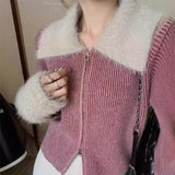 KANING Collar Fur Double Zipper Knitted Cardigan Women 2026 Autumn New Bumpy Retro Style Sweater Outside